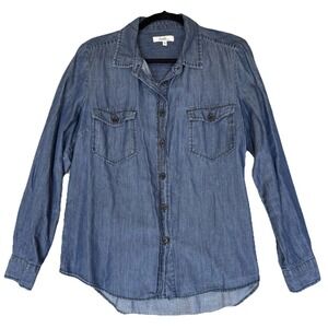 Angels Chambray Denim Shirt Womens Medium Blue Button Western Coastal Minimalist